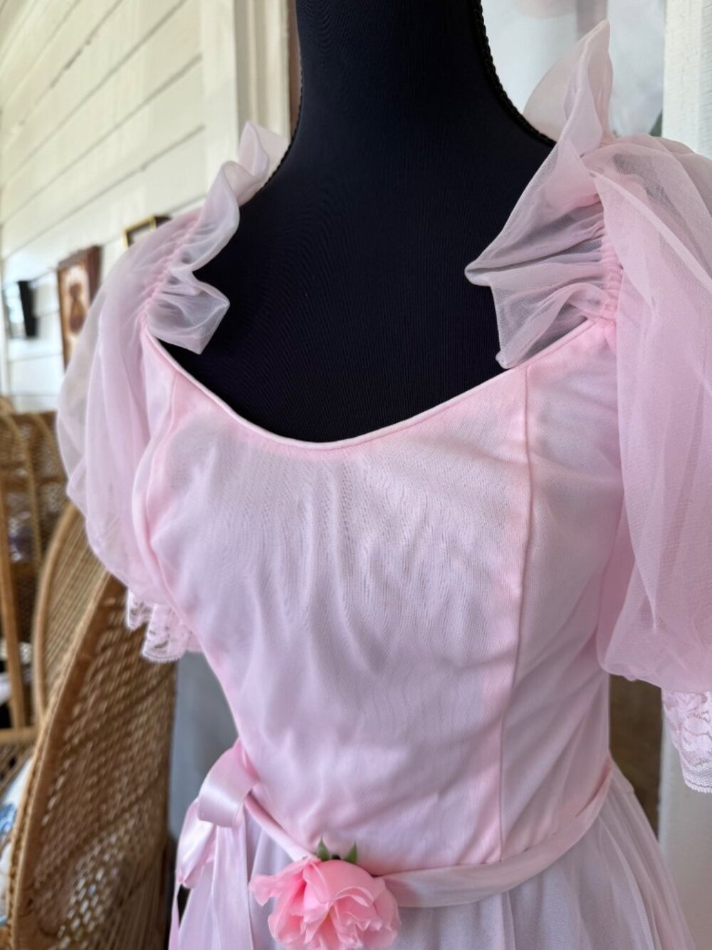 Vintage 80s Bubble Gum Pink Sheer Nylon & Lace Party Dress Balloon Sleeves Sz M - Picture 5 of 16